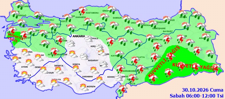 Türkiye haritası üzerinde yağış ve kuvvetli yağış beklenen bölgeleri gösteren meteorolojik tahmin görseli.