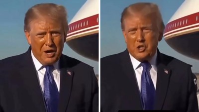 Donald Trump'ın uçak yanında yaptığı açıklamadan iki kare.