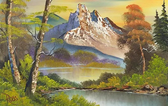 Bob Ross imzalı dağ, göl ve ağaçlardan oluşan renkli doğa manzarası tablosu.