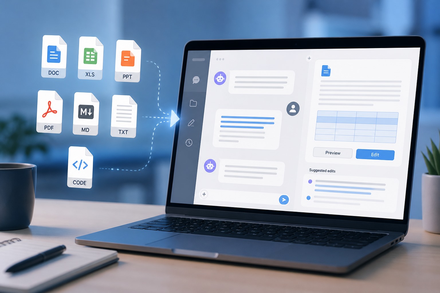 Yapay zeka destekli sohbet arayüzünde belge, tablo, sunum ve PDF düzenlemeyi anlatan temsili görsel.