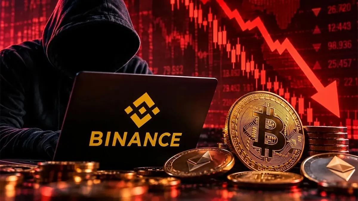 Binance logo, cryptocurrencies, and a dark digital environment suggesting a cyberattack.