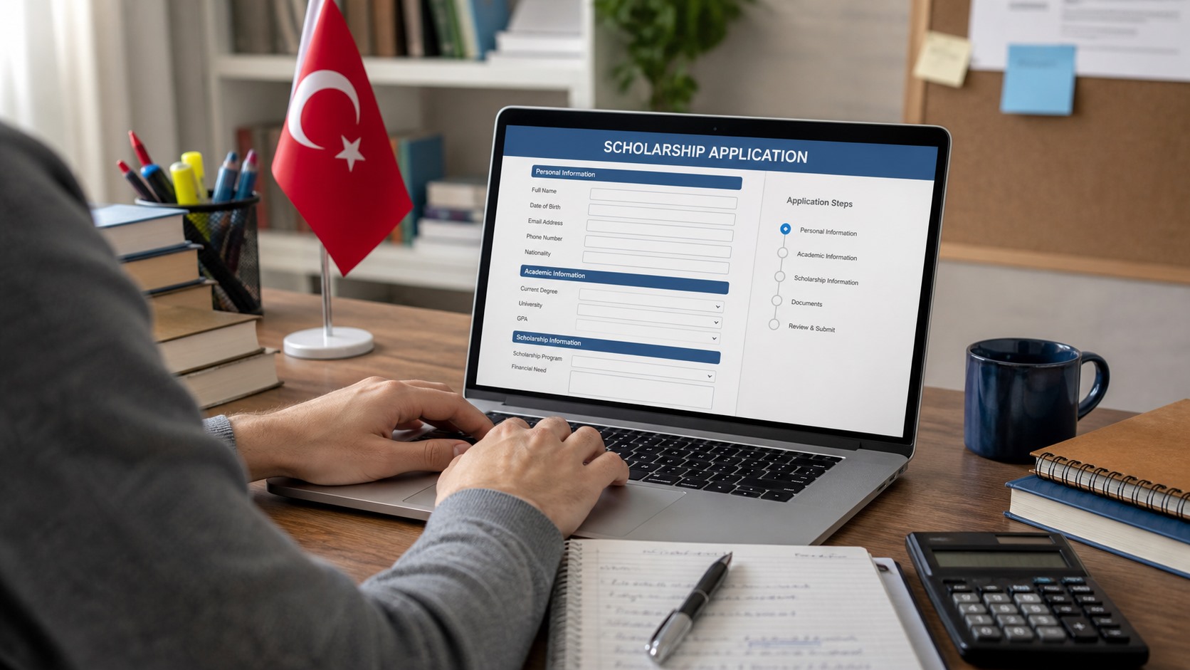 Burs başvurusu yapan bir öğrenciyi temsil eden dizüstü bilgisayar ve çalışma masası görseli.