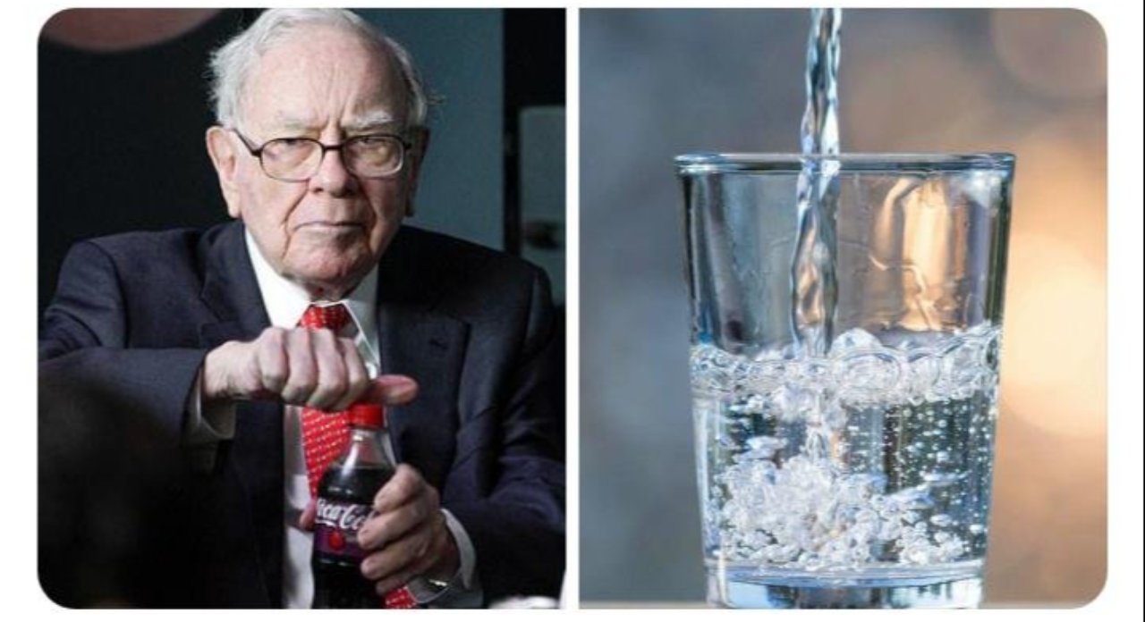 A collage consisting of Warren Buffett and a glass of water.