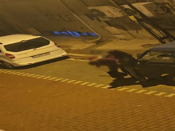 Sokakta park halindeki araçların yanında yaşanan kavga anını gösteren kamera görüntüsü.