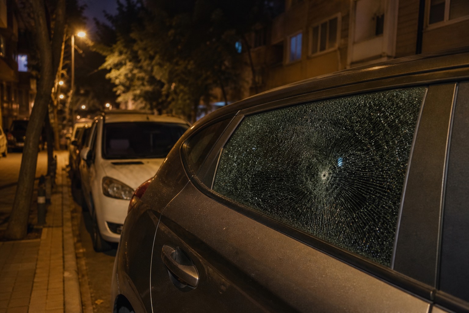 Gece vakti bir sokakta park halindeki hasarlı aracı gösteren temsili görsel.