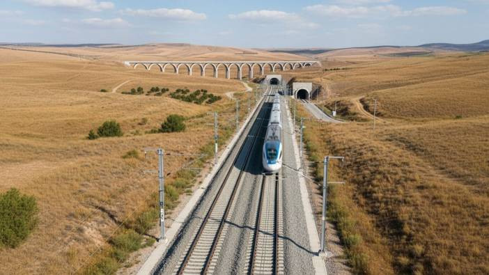 Tünelden çıkan trenin kırsal arazideki demiryolu hattında ilerlediği hava fotoğrafı.