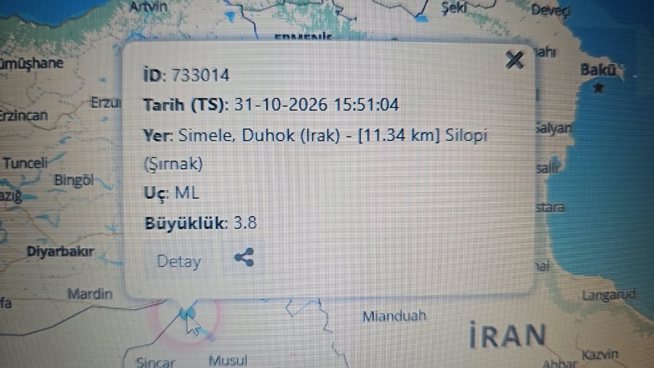 Information window regarding the 3.8 magnitude earthquake centered in Simele, Duhok on the AFAD map.