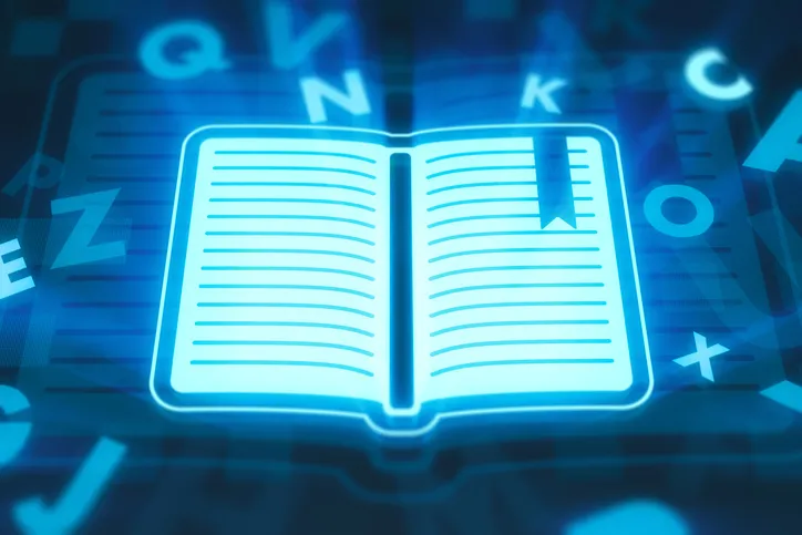 Dijital kitap simgesi ve harflerden oluşan teknoloji temalı görsel.