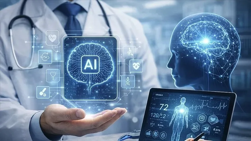 Sağlık teknolojileri ve yapay zeka arayüzlerini gösteren doktor temalı dijital görsel.