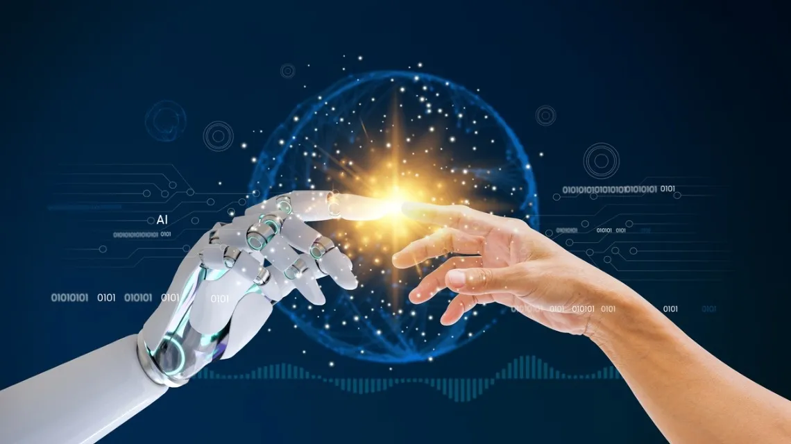 Robot eli ile insan elinin dijital ışık ve veri arayüzü önünde temas ettiği yapay zeka görseli.