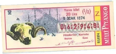 1974 yılına ait Milli Piyango yarım bilet görseli.