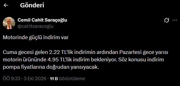 La publication sur les réseaux sociaux de Cemil Cahit Saraçoğlu mentionne une attente de baisse de 4,95 TL sur le diesel.