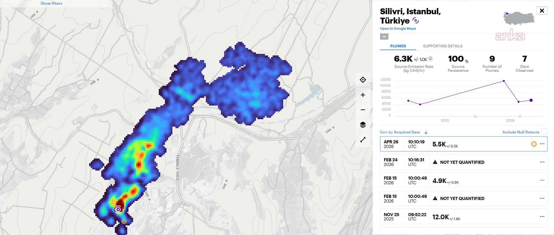Une carte satellite intitulée Silivri, Istanbul montre des zones de densité colorées indiquant des nuages de méthane ainsi qu'un panneau de mesure.