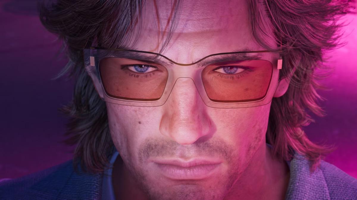 GTA 6 görselinden pembe ve mor ışıklar altında yakın plan bir karakter görüntüsü.