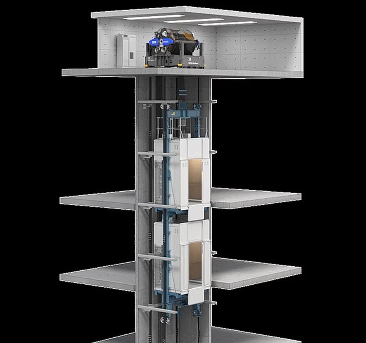 Schéma technique illustrant le système d'ascenseur destiné aux structures de grande hauteur.