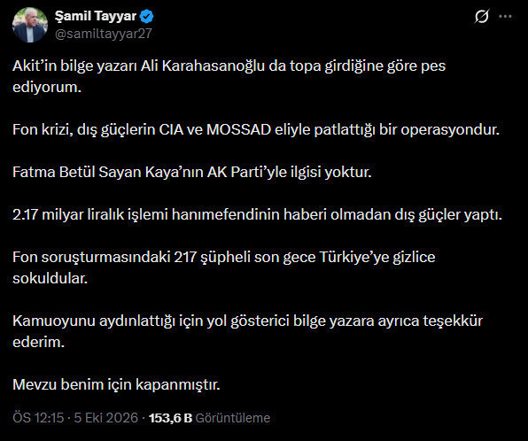 Şamil Tayyar’ın fon tartışmasına ilişkin sosyal medya paylaşımının ekran görüntüsü.