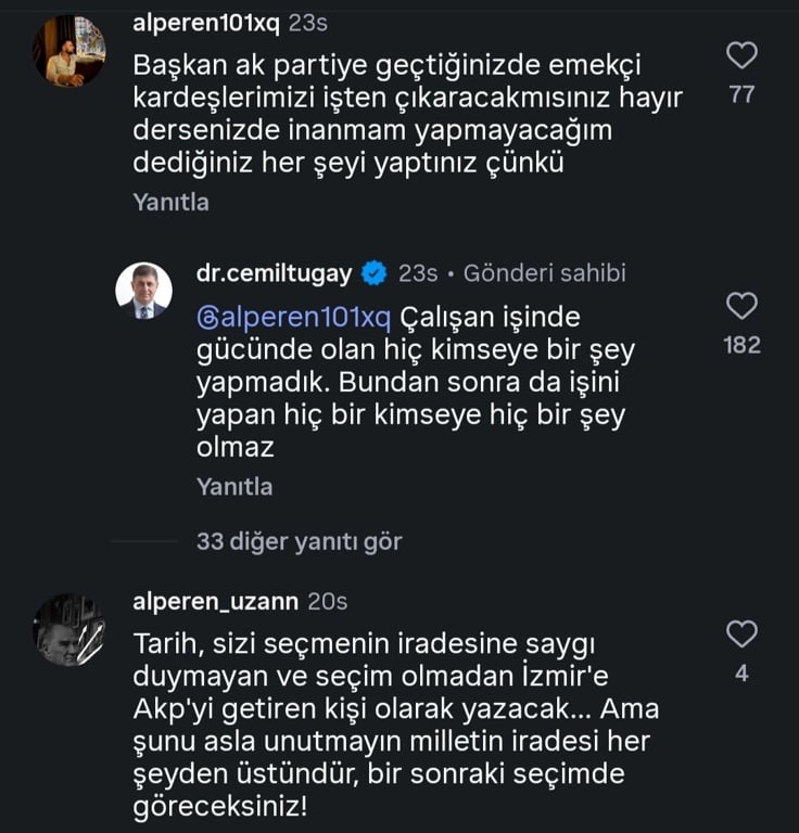Cemil Tugay’ın Instagram’da belediye çalışanlarıyla ilgili bir yoruma verdiği yanıtı gösteren ekran görüntüsü.
