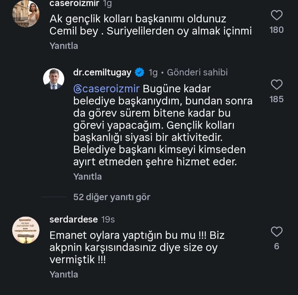 Cemil Tugay’ın Instagram’da Ak Gençlik sorusuna verdiği yanıtı gösteren ekran görüntüsü.