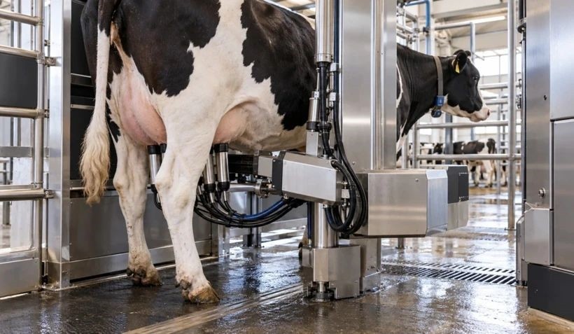 A modern farm area where a dairy cow is being milked by a robotic milking system.