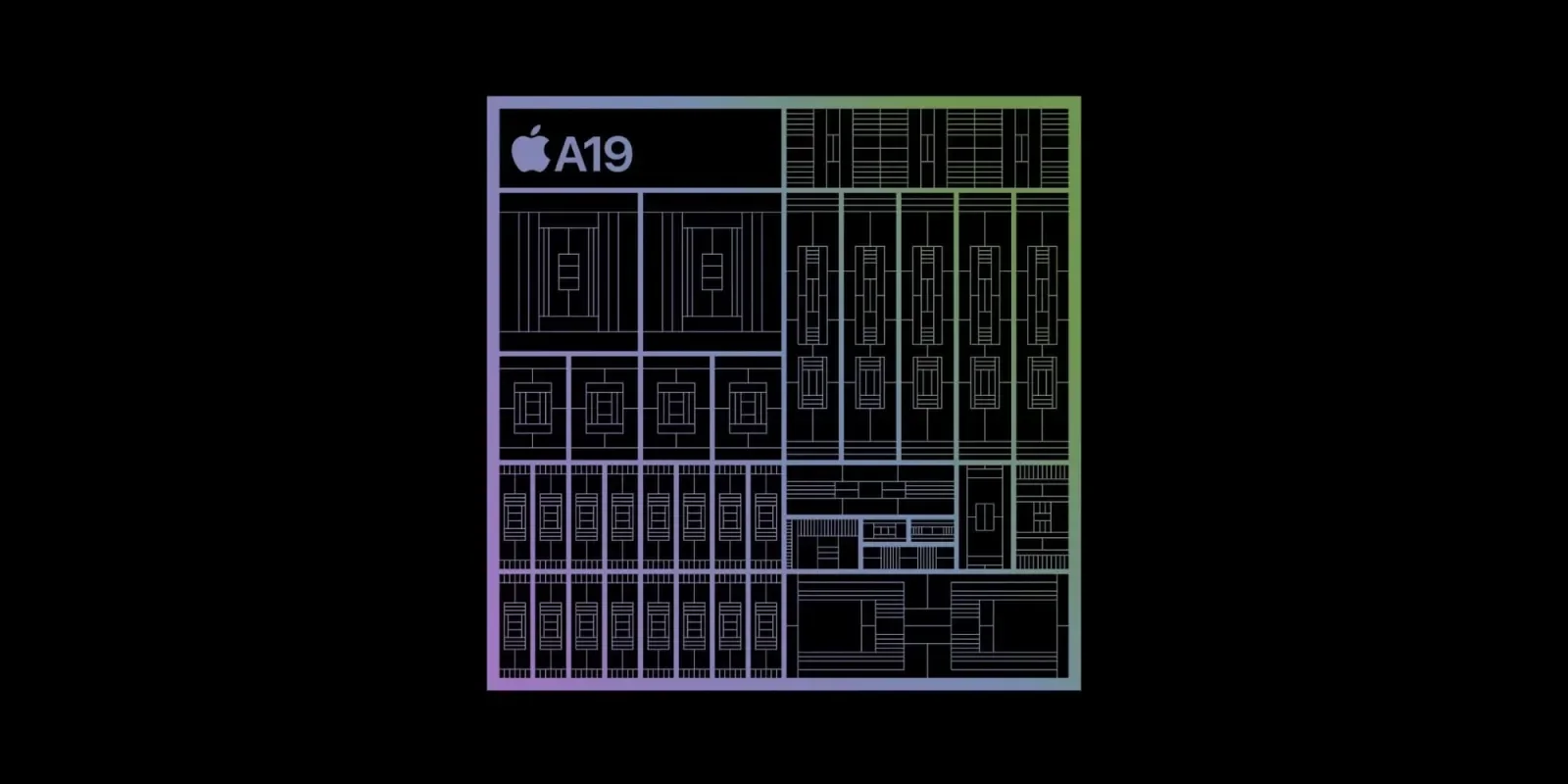 A black-background chip diagram representing the A19 processor architecture.
