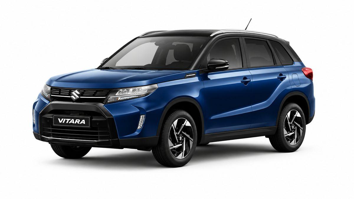 Imagen de estudio del modelo Suzuki Vitara Híbrido de color azul.
