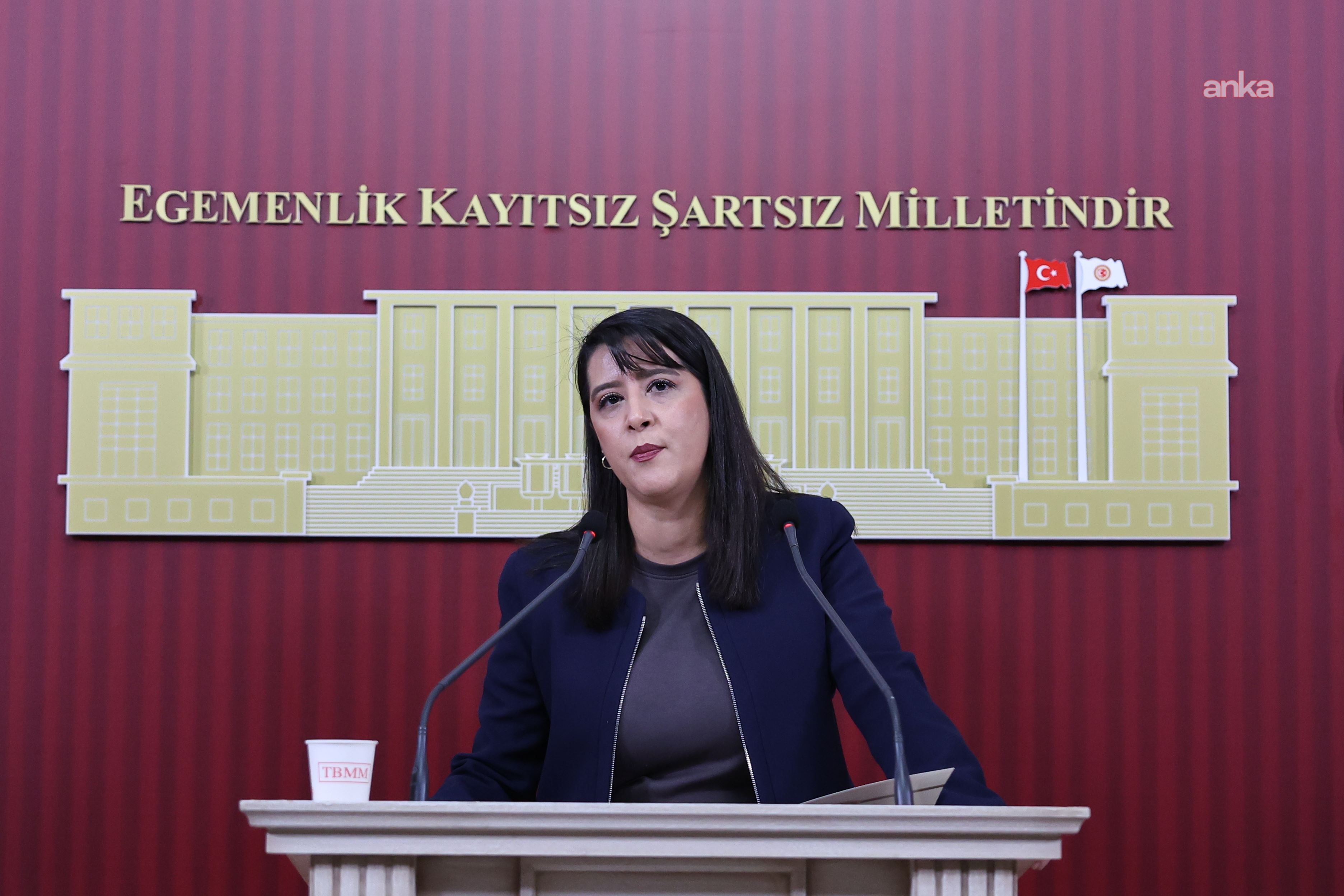 Sevda Karaca'nın TBMM basın toplantısında çekilmiş yakın plan görüntüsü.