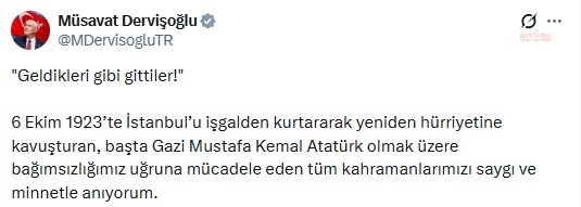 Müsavat Dervişoğlu’nun 6 Ekim 1923 ve İstanbul’un kurtuluşuna ilişkin sosyal medya paylaşımının ekran görüntüsü.