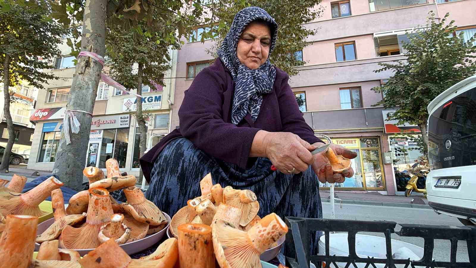 Pazar tezgahında kanlıca mantarı temizleyen kadın satıcı.