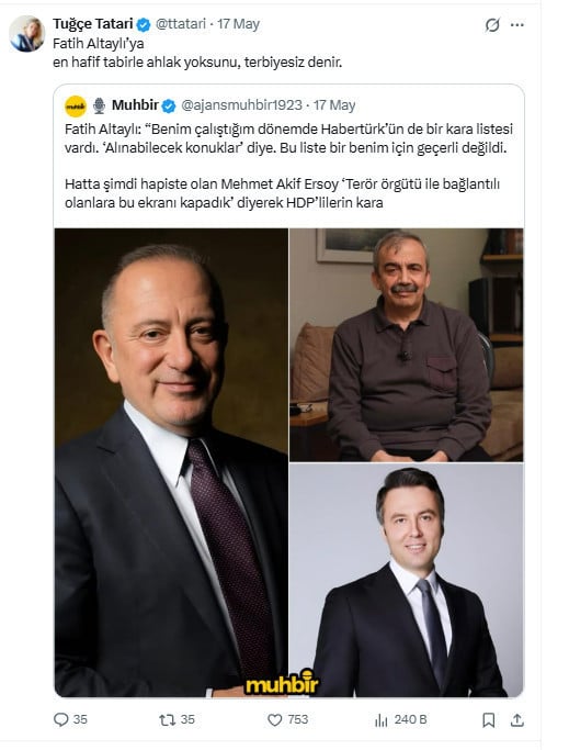 Screenshot of Tuğçe Tatari's social media post.