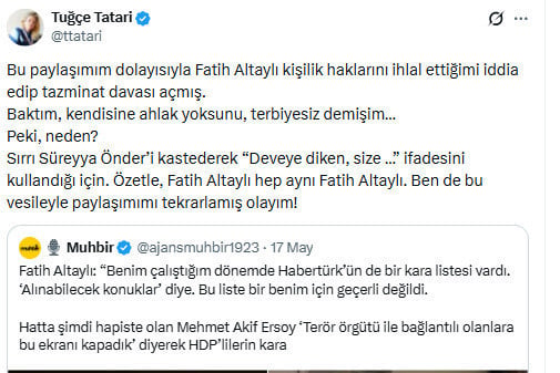 Screenshot of Tuğçe Tatari's social media post regarding the lawsuit filed against her.