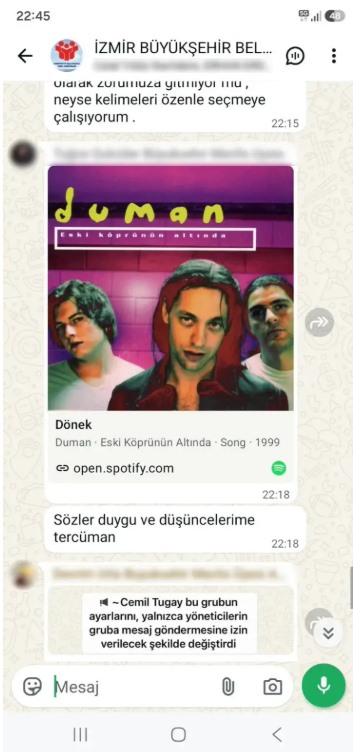 İzmir Büyükşehir Belediyesi WhatsApp grubunda Duman’ın Dönek şarkısının paylaşıldığını gösteren ekran görüntüsü.