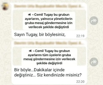 WhatsApp grubunda ayarların değiştirildiğini ve bir üyenin Cemil Tugay’a tepki gösterdiğini gösteren ekran görüntüsü.
