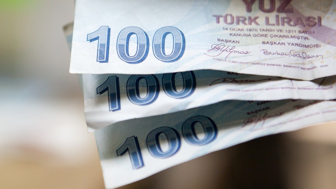 Close-up view of Turkish lira banknotes.