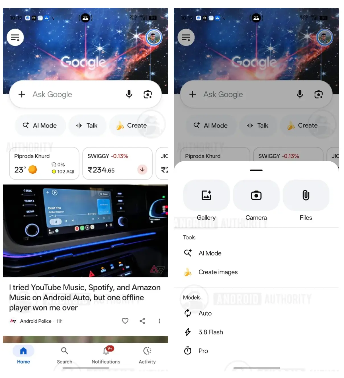 Google uygulamasında yenilenen arama çubuğu, artı butonu ve yapay zeka araçlarını gösteren ekran görüntüleri.