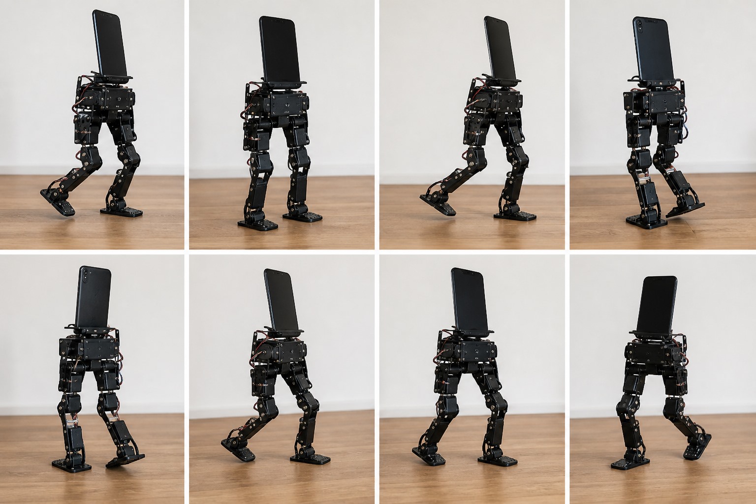 Akıllı telefonla kontrol edilen küçük bir iki ayaklı robotun farklı hareket pozlarını gösteren kolaj.