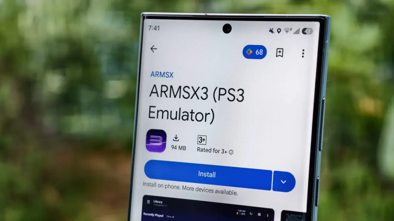 Bir Android telefon ekranında ARMSX3 PS3 Emulator uygulamasının Google Play Store sayfası görülüyor.