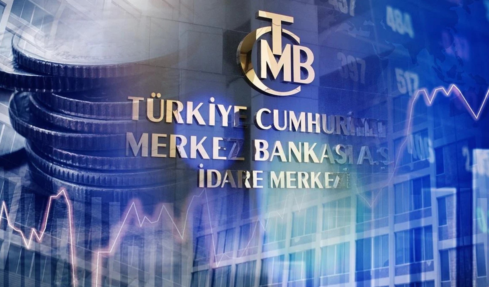 Türkiye Cumhuriyet Merkez Bankası görseli üzerinde finansal grafikler ve piyasa verilerini çağrıştıran unsurlar.