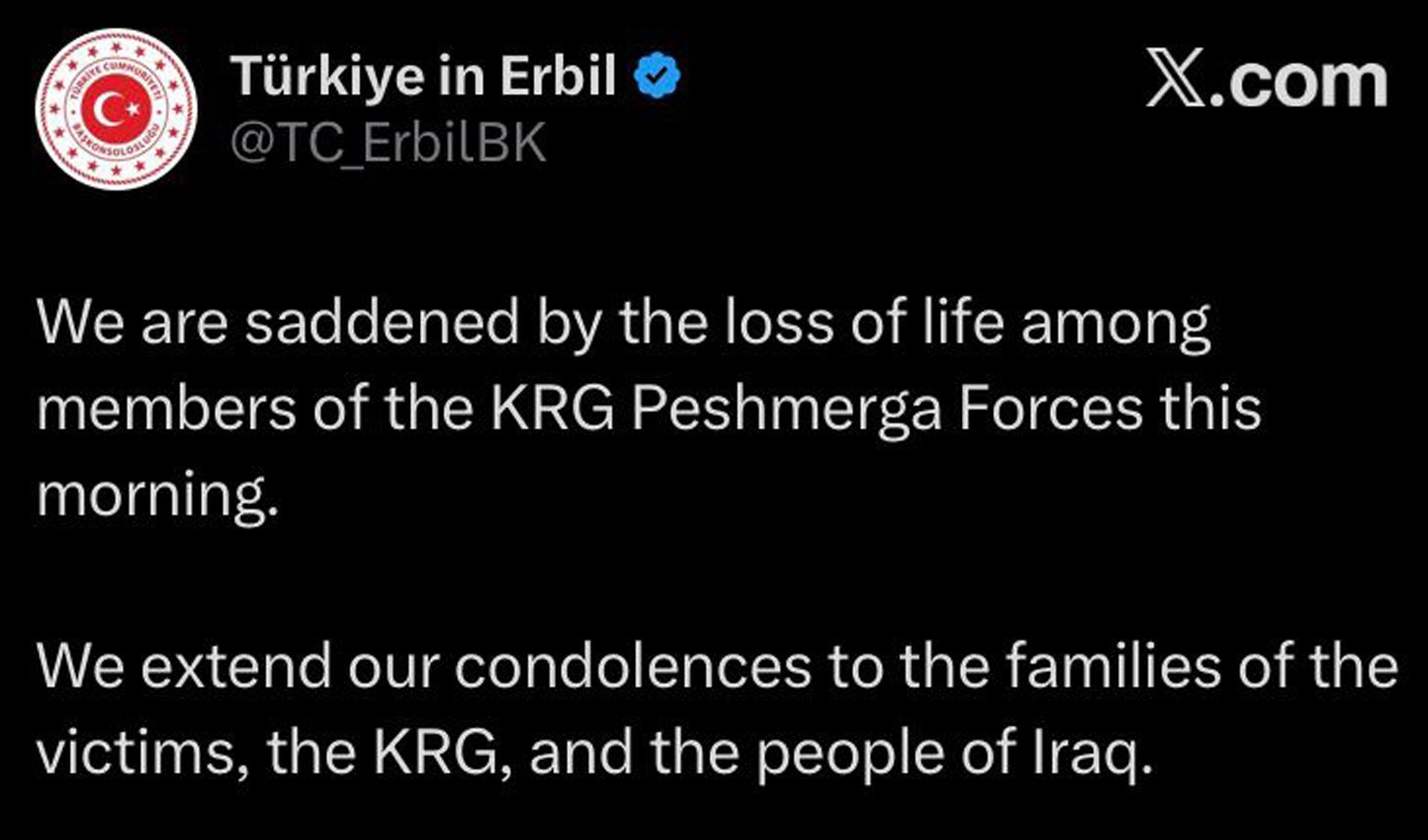 Erbil Başkonsolosluğu ‘Kürdistan Bölgesel Yönetimi’ne başsağlığı diledi