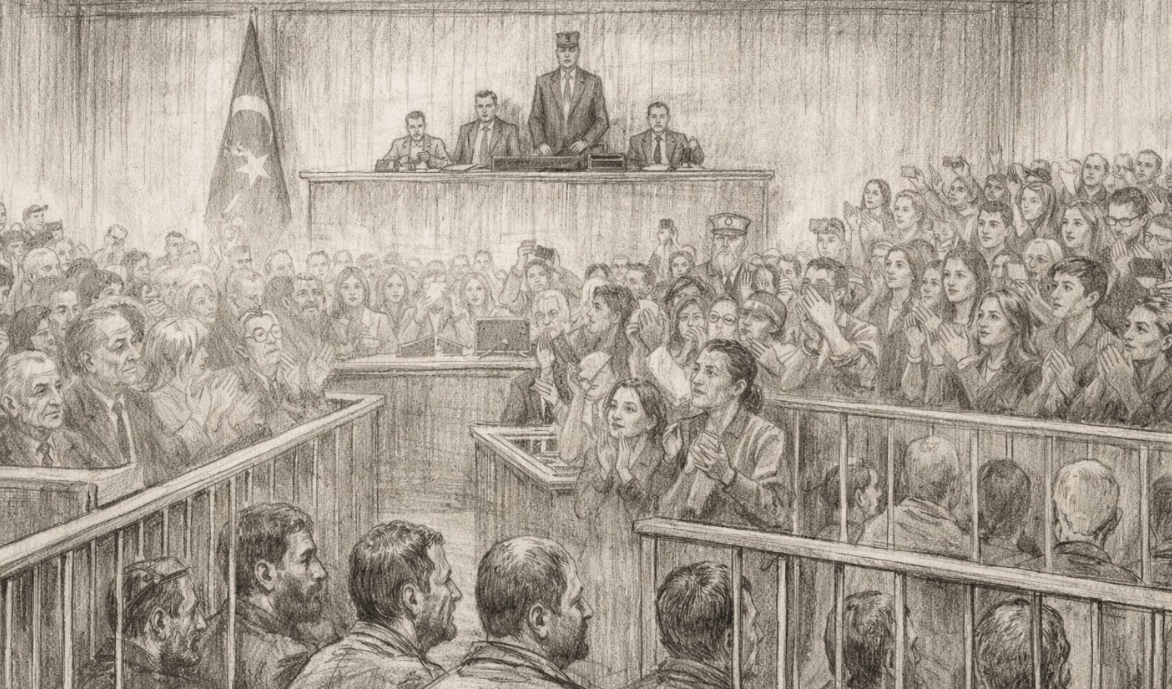 A drawing depicting a crowded courtroom.