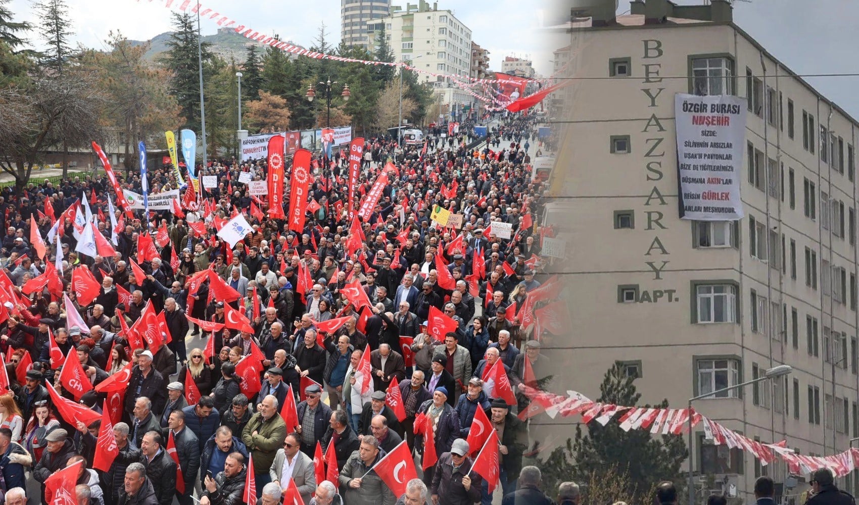 Özgür Özel’in Nevşehir mitinginde 'Reisin Gürlek aslanları' pankartı: Kürsünün karşısındaki binada açıldı