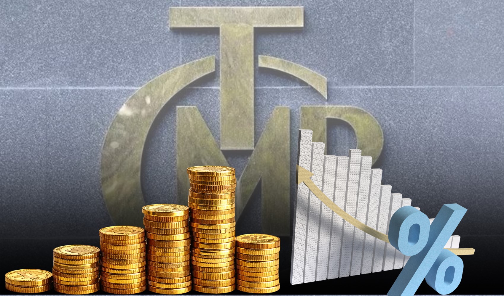 Merkez Bankası logosu önünde para, grafik ve yüzde simgesi bulunan ekonomik görsel.