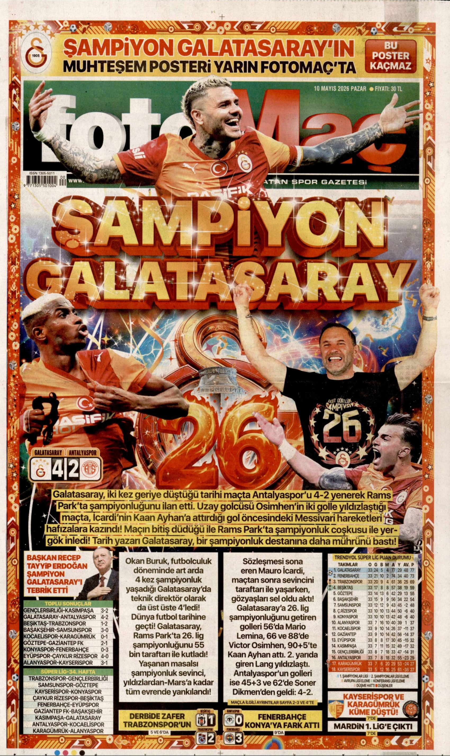Gazeteler Galatasaray'ın 26. şampiyonluğunu nasıl gördü? (10 Mayıs 2026 gazete manşetleri)
