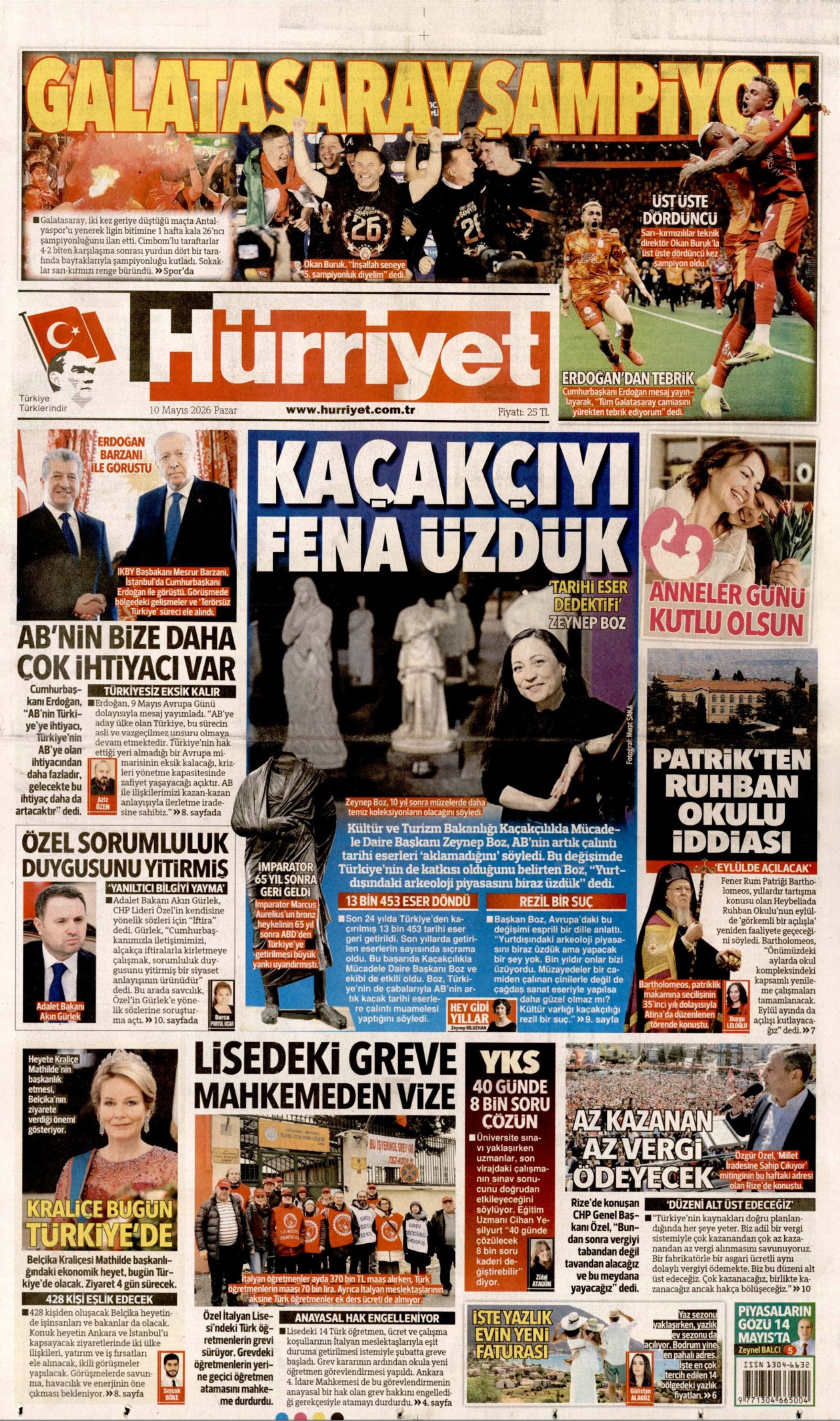 Gazeteler Galatasaray'ın 26. şampiyonluğunu nasıl gördü? (10 Mayıs 2026 gazete manşetleri)