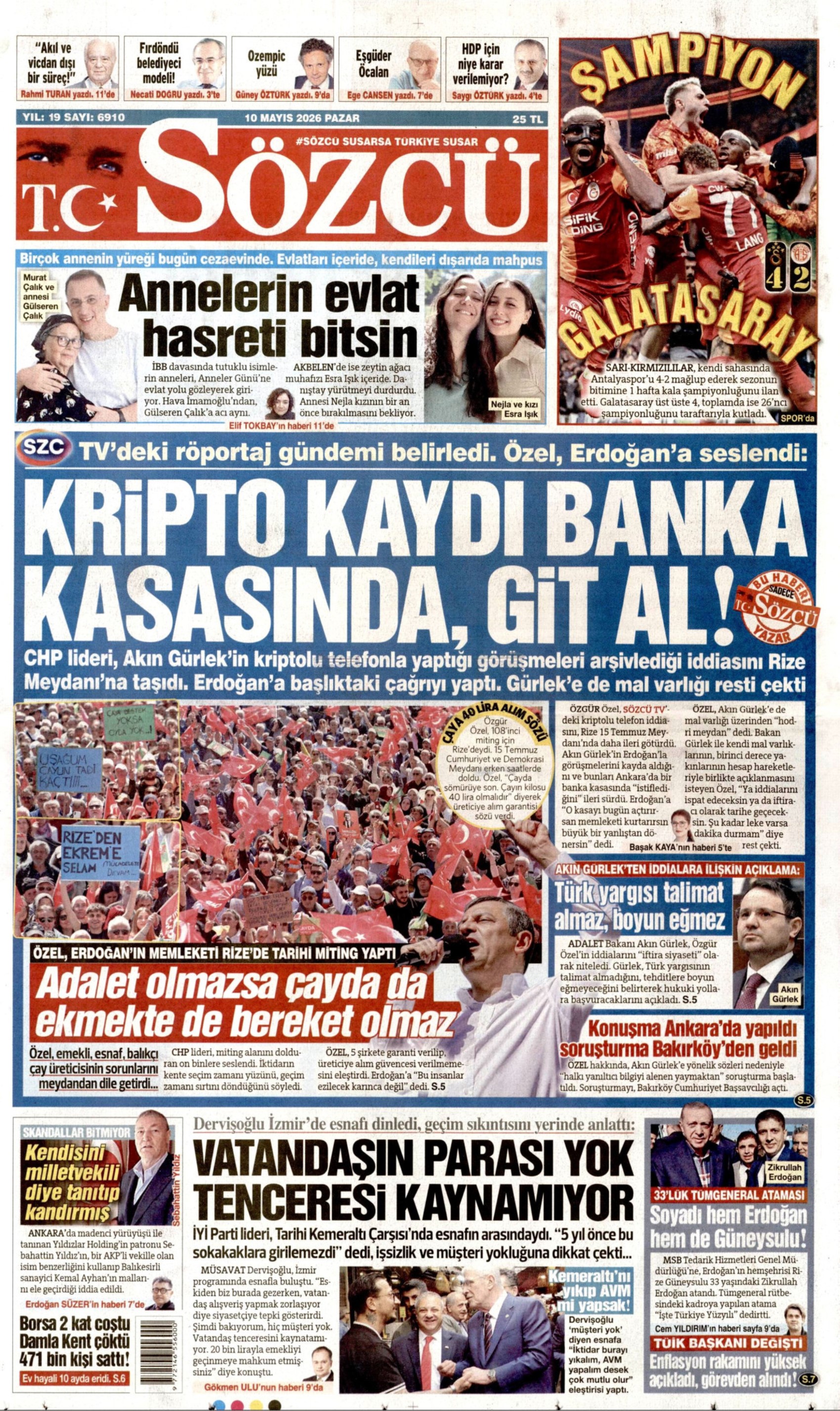 Gazeteler Galatasaray'ın 26. şampiyonluğunu nasıl gördü? (10 Mayıs 2026 gazete manşetleri)