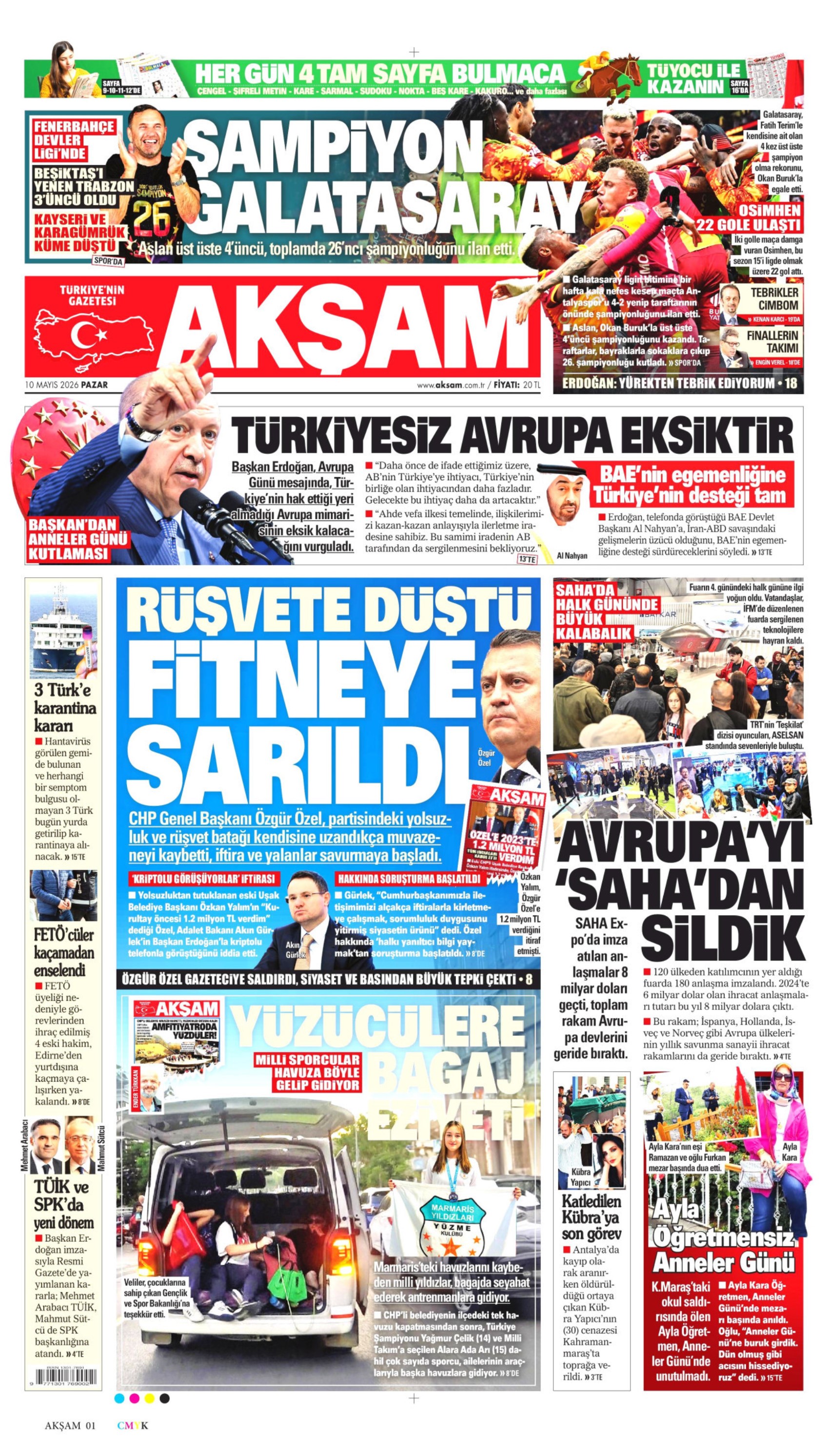 Gazeteler Galatasaray'ın 26. şampiyonluğunu nasıl gördü? (10 Mayıs 2026 gazete manşetleri)