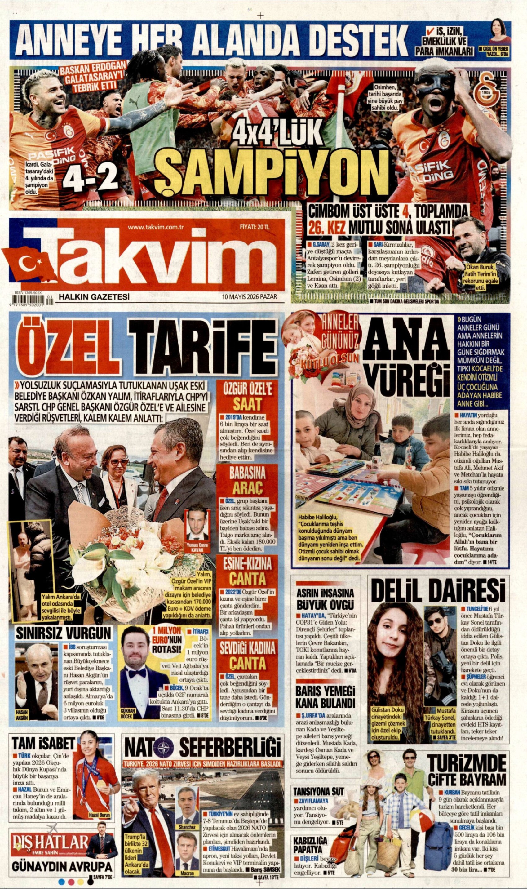 Gazeteler Galatasaray'ın 26. şampiyonluğunu nasıl gördü? (10 Mayıs 2026 gazete manşetleri)