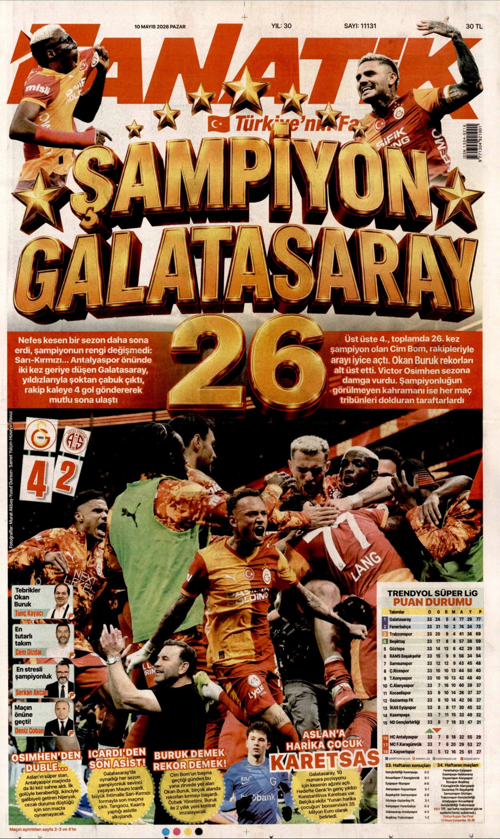 Gazeteler Galatasaray'ın 26. şampiyonluğunu nasıl gördü? (10 Mayıs 2026 gazete manşetleri)