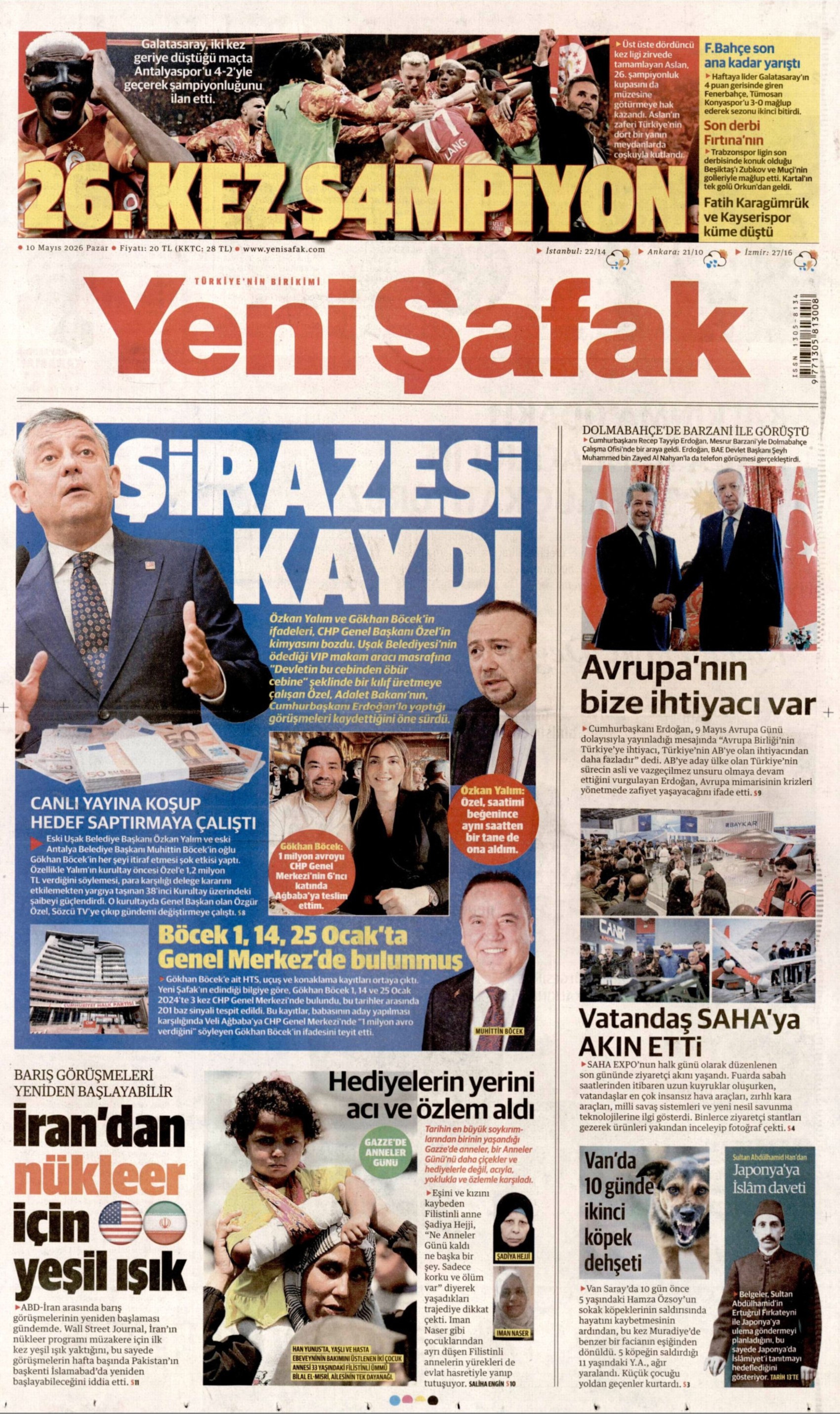 Gazeteler Galatasaray'ın 26. şampiyonluğunu nasıl gördü? (10 Mayıs 2026 gazete manşetleri)