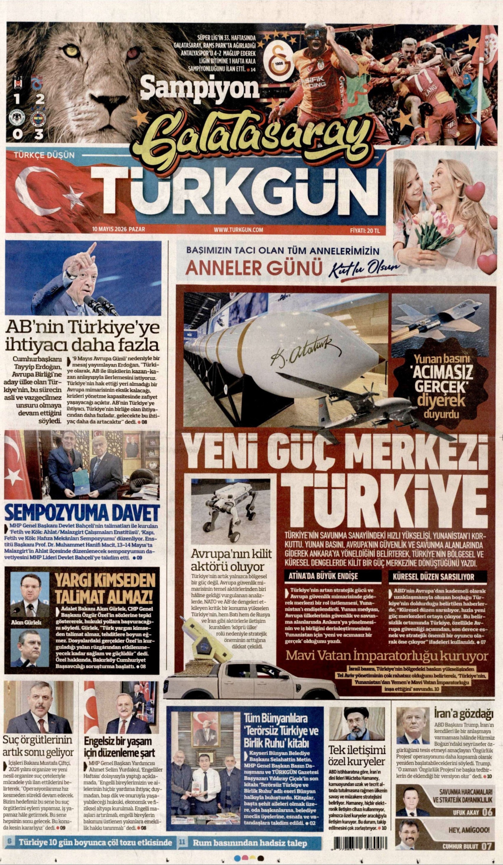 Gazeteler Galatasaray'ın 26. şampiyonluğunu nasıl gördü? (10 Mayıs 2026 gazete manşetleri)