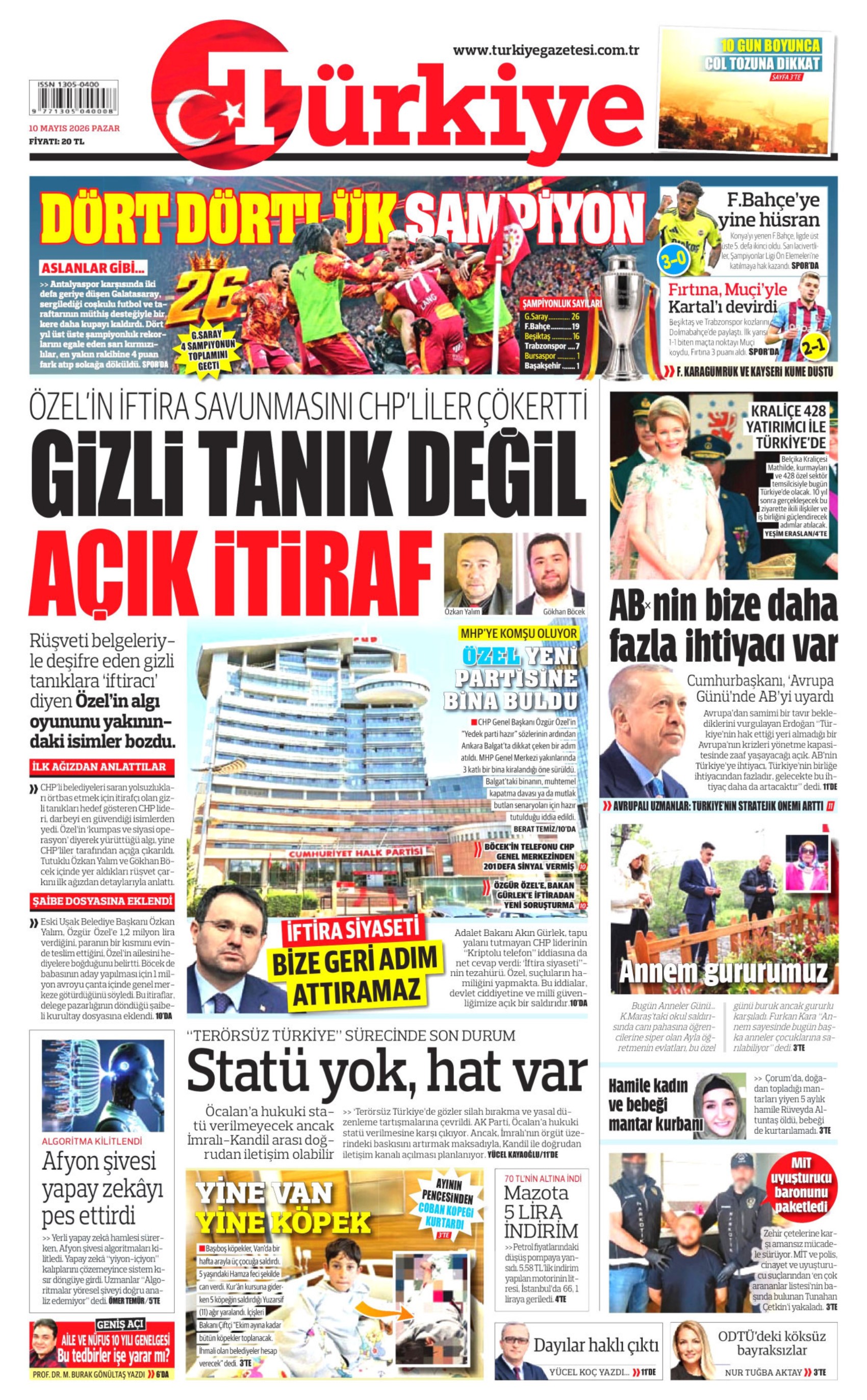 Gazeteler Galatasaray'ın 26. şampiyonluğunu nasıl gördü? (10 Mayıs 2026 gazete manşetleri)